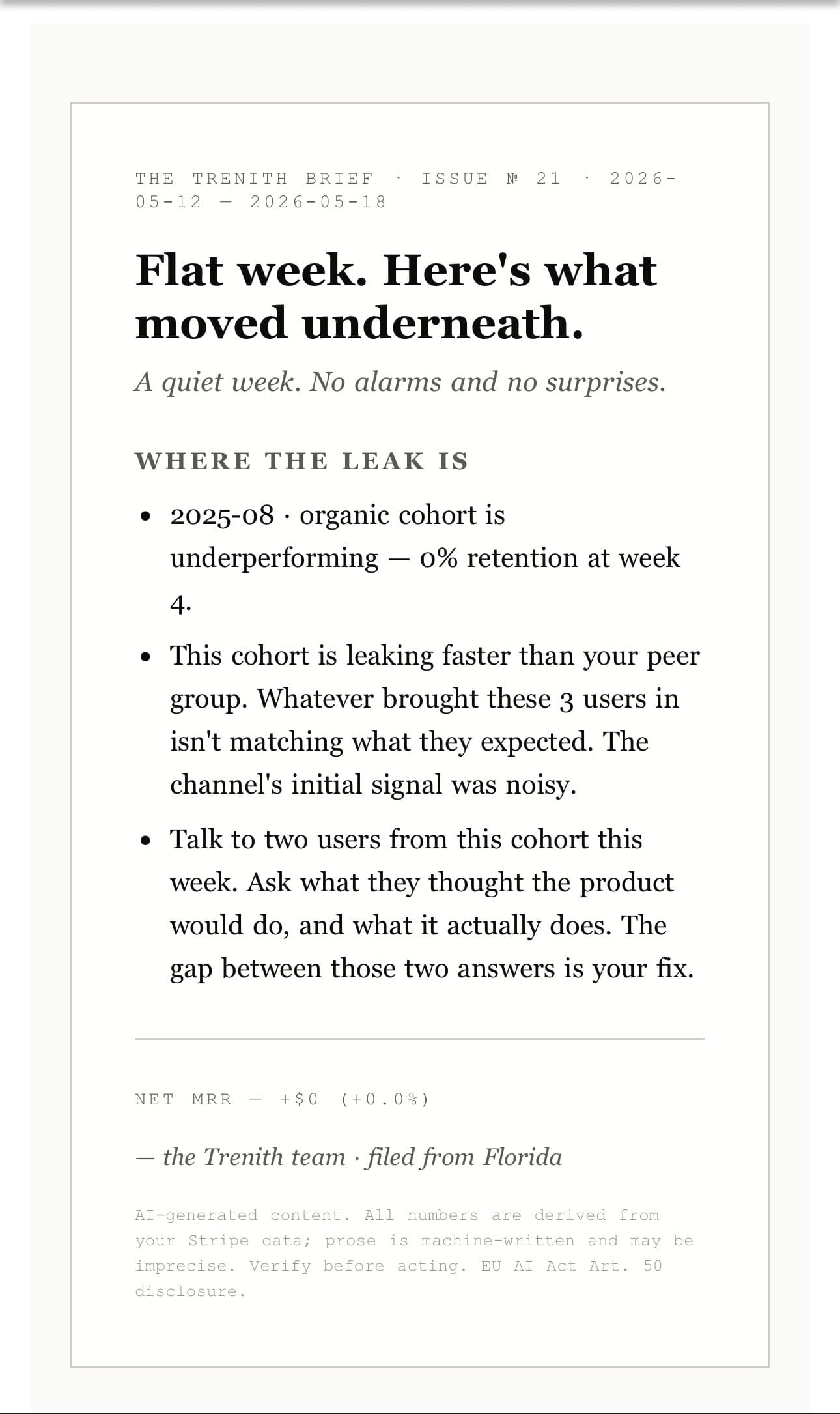 A Trenith weekly brief open in the Gmail mobile app. Subject: “Flat week. Here's what moved underneath.” It shows the net MRR change, where a cohort is leaking, and one recommended action.